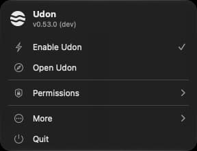 The menu bar panel with Enable Udon, Open Udon, Permissions, More and Quit