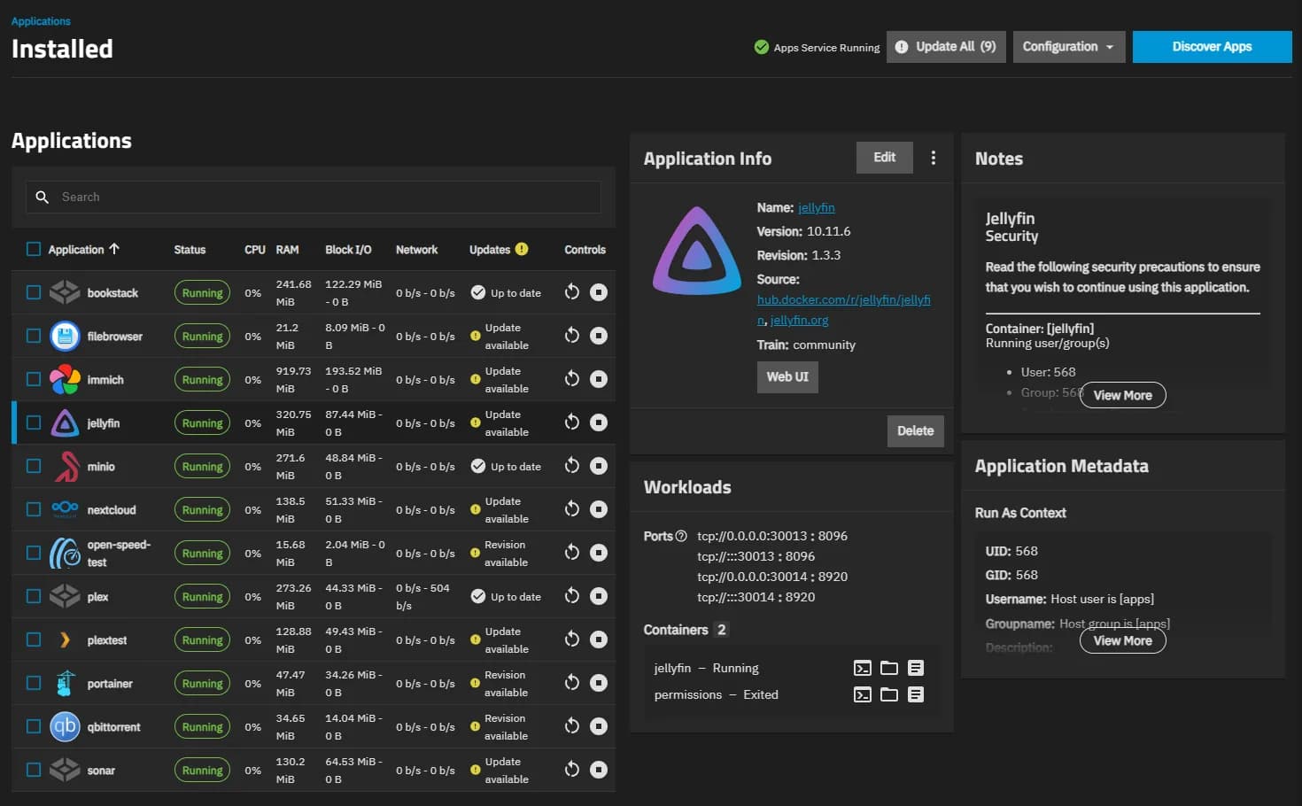 The TrueNAS installed apps