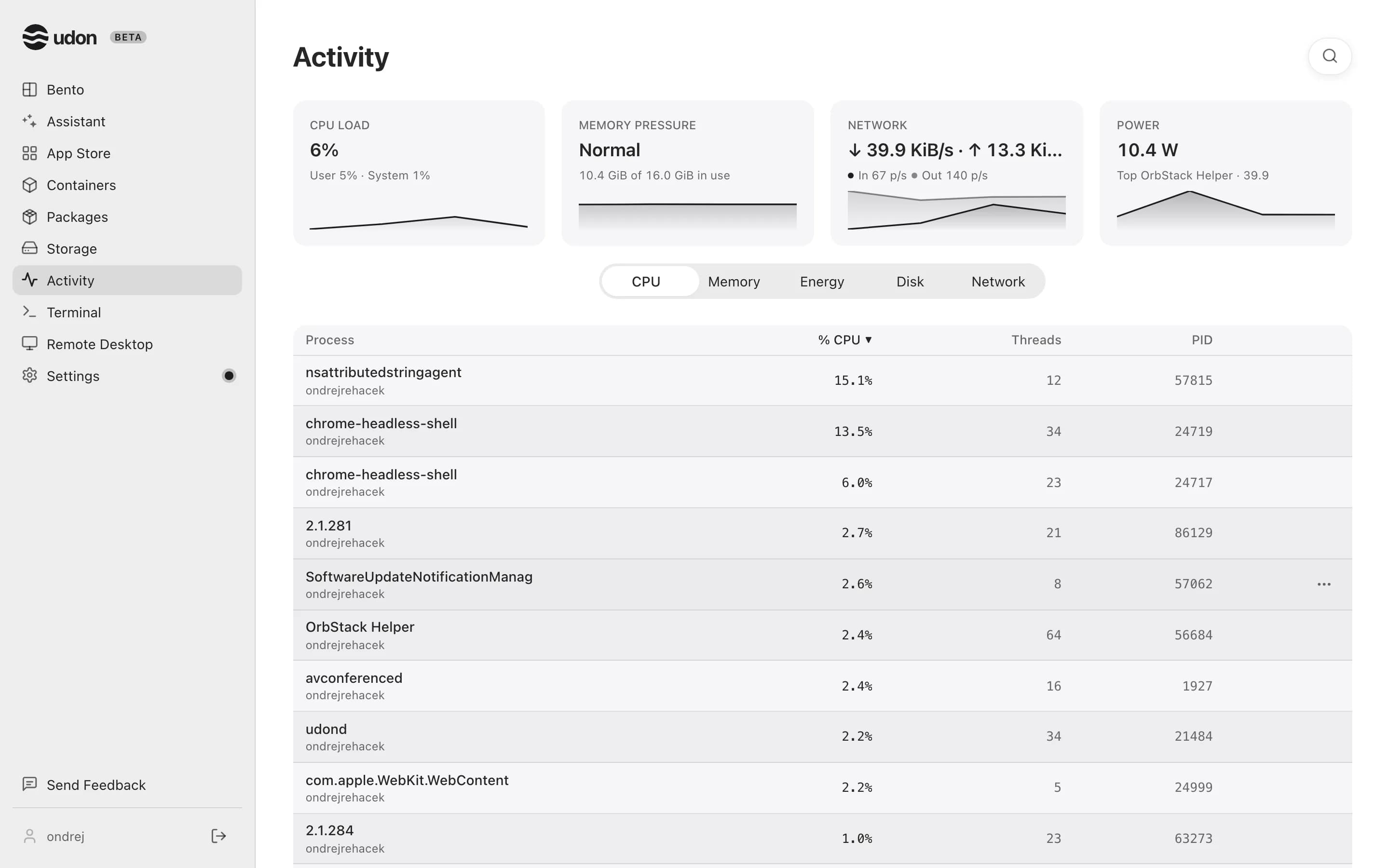 The Activity page with CPU, memory, network and power tiles above the process list