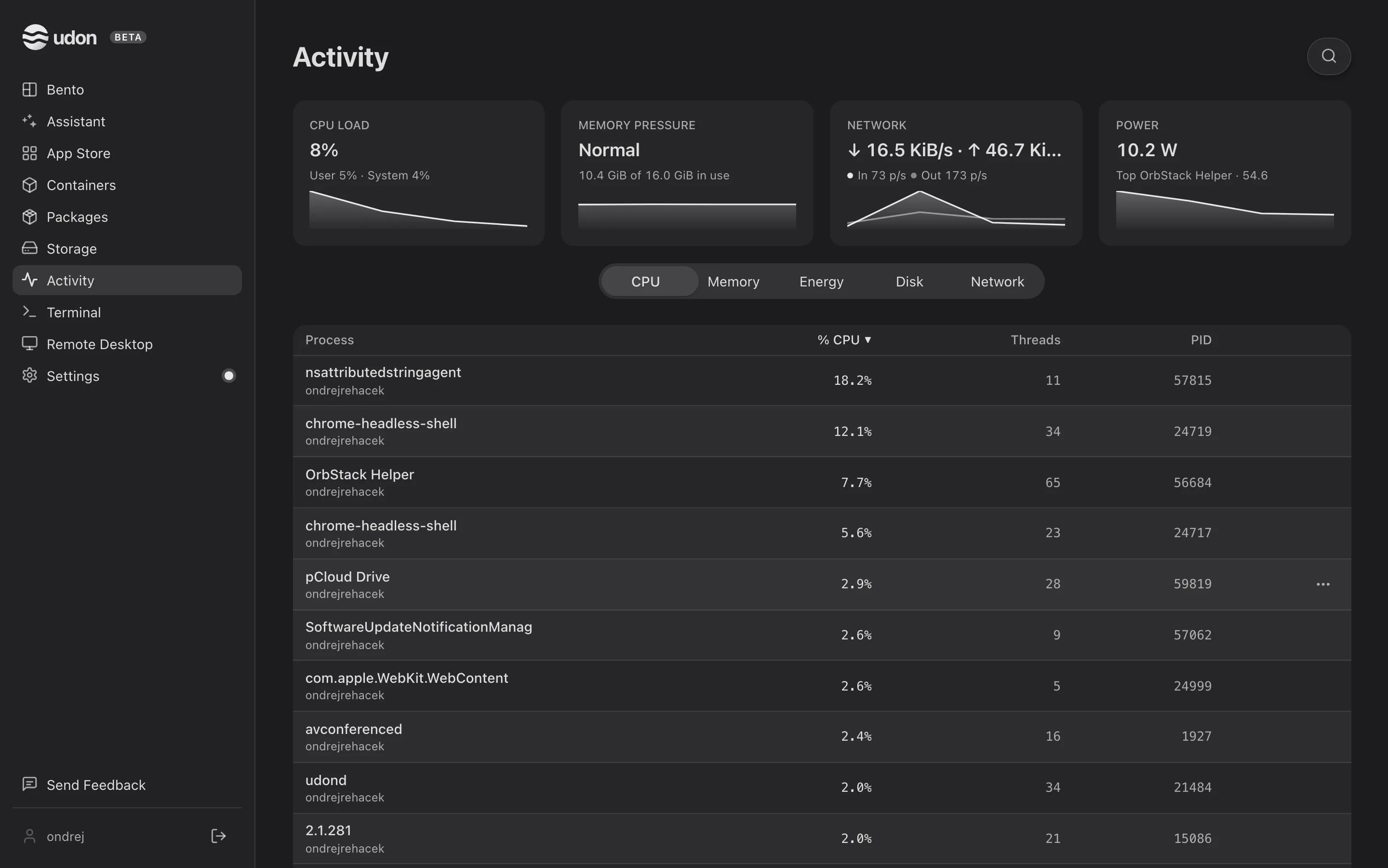 The Activity page with CPU, memory, network and power tiles above the process list