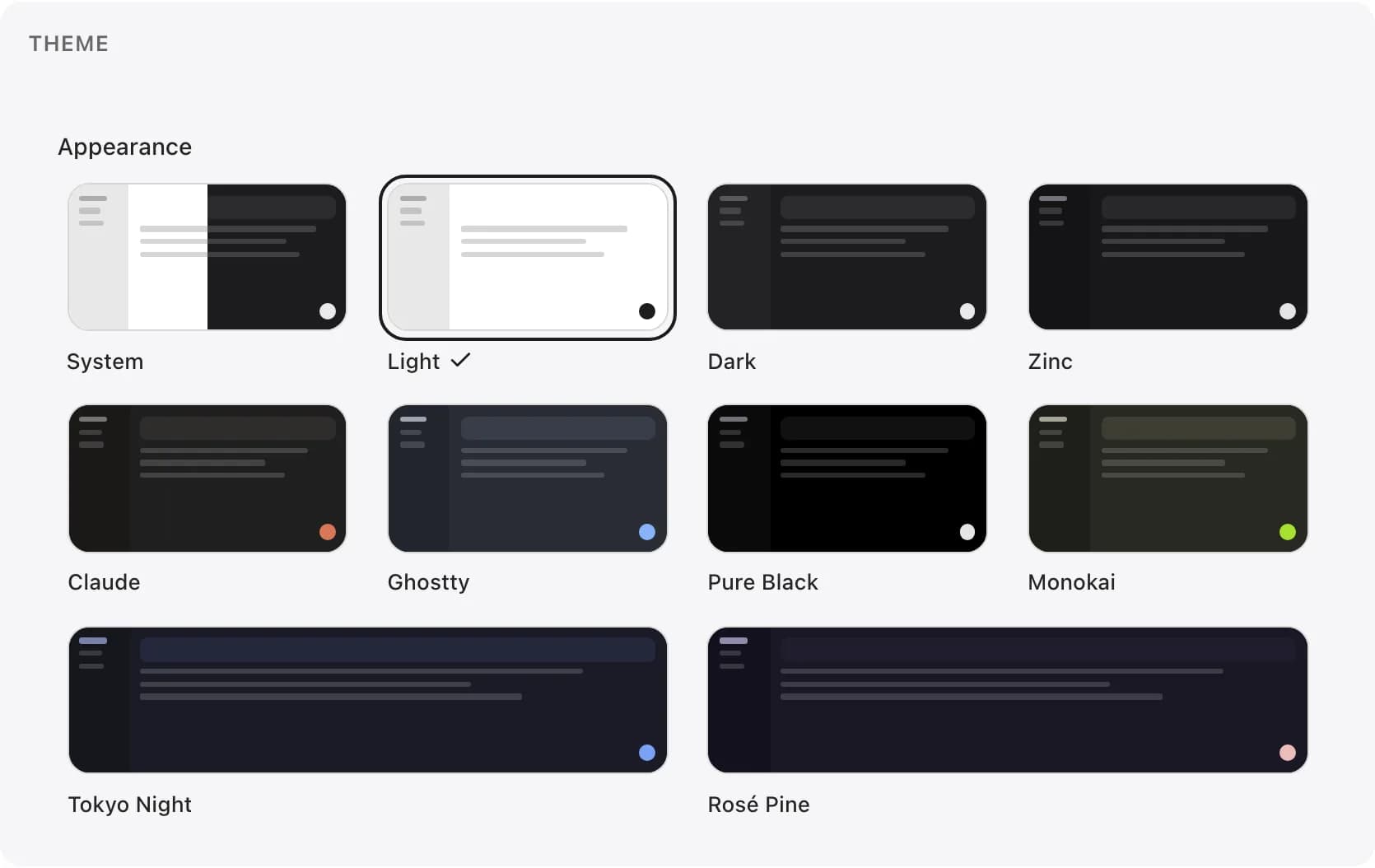 The Appearance theme picker with ten miniature previews