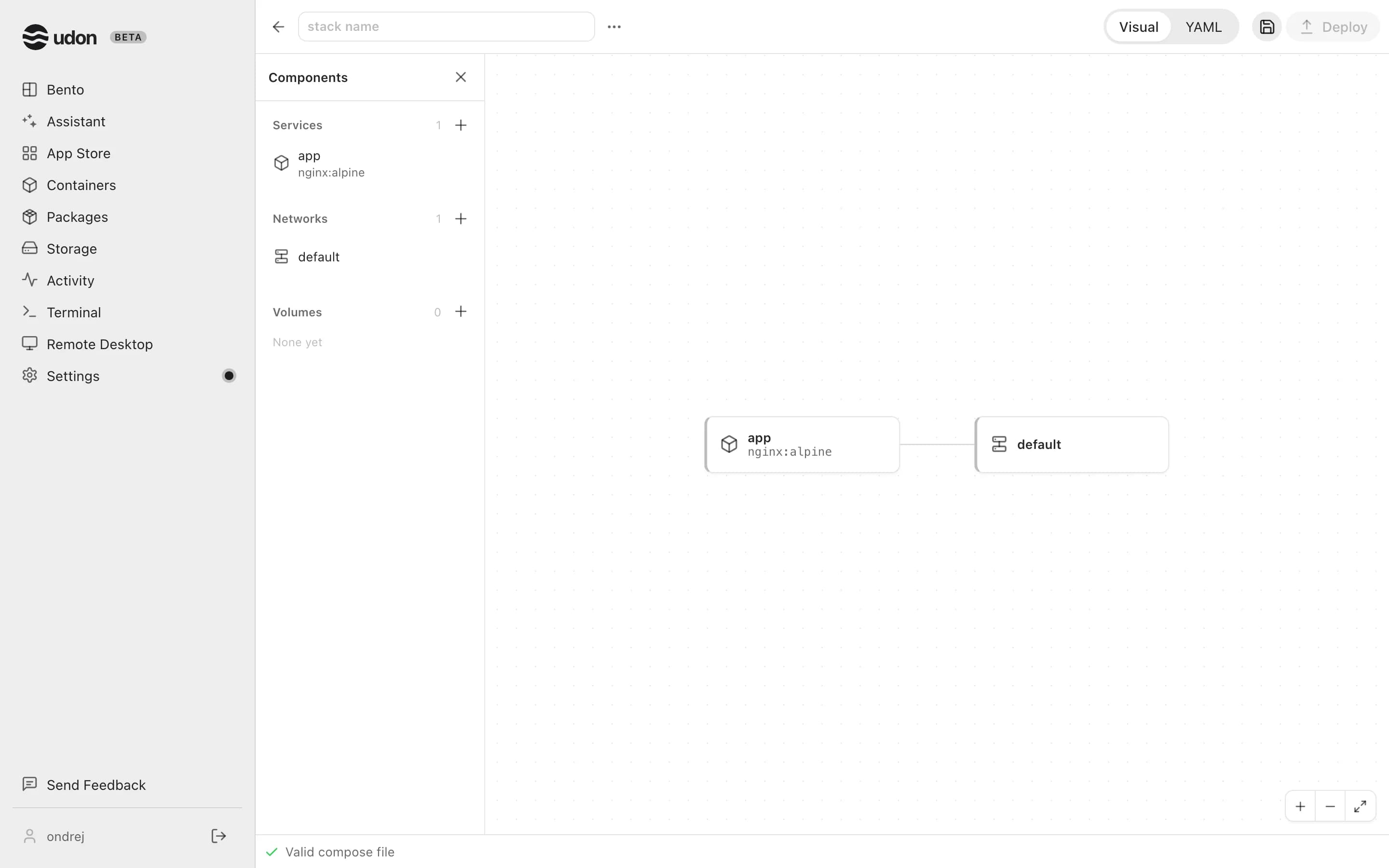 The Composer's Visual view with a new stack: one service connected to the default network