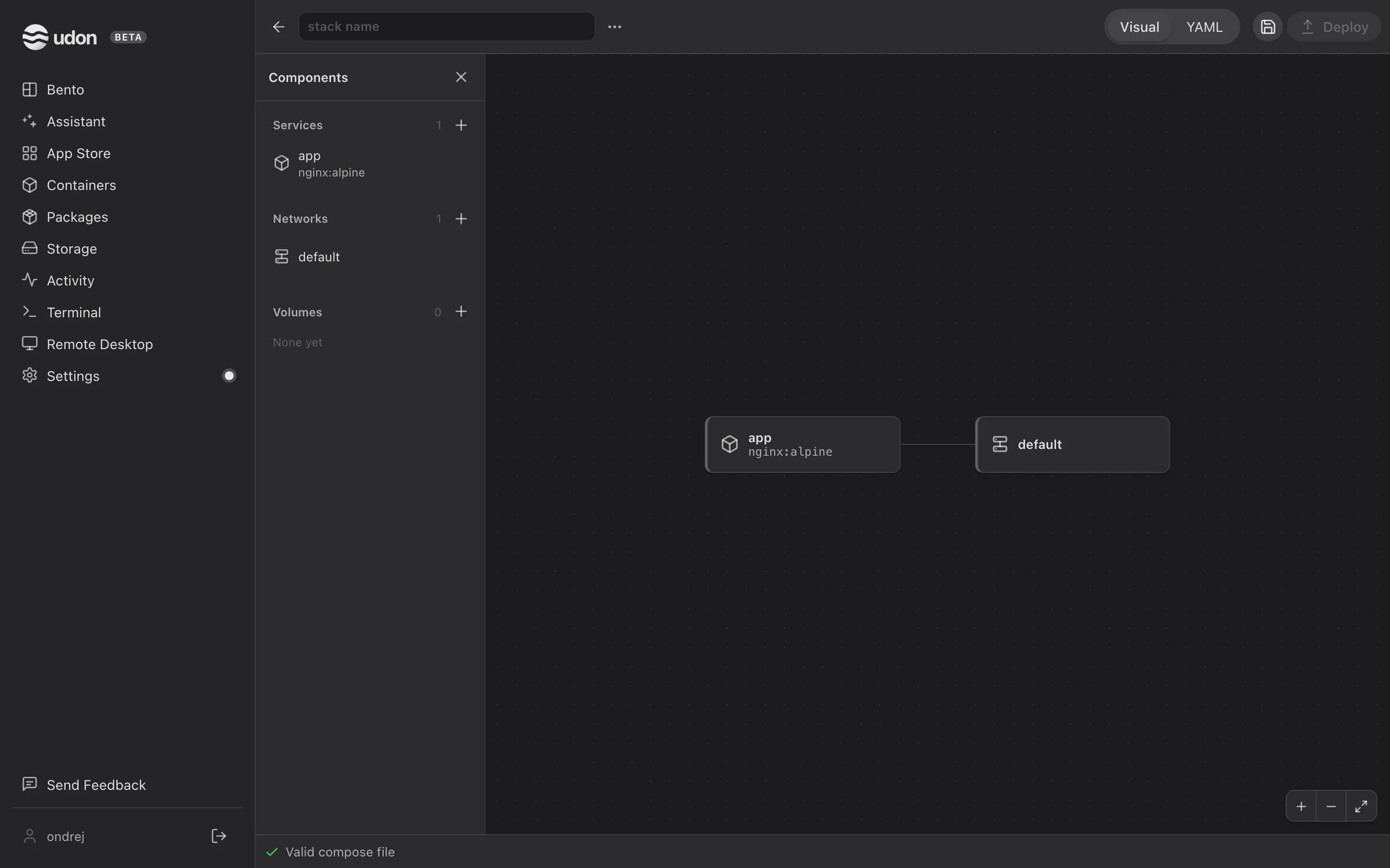 The Composer's Visual view with a new stack: one service connected to the default network