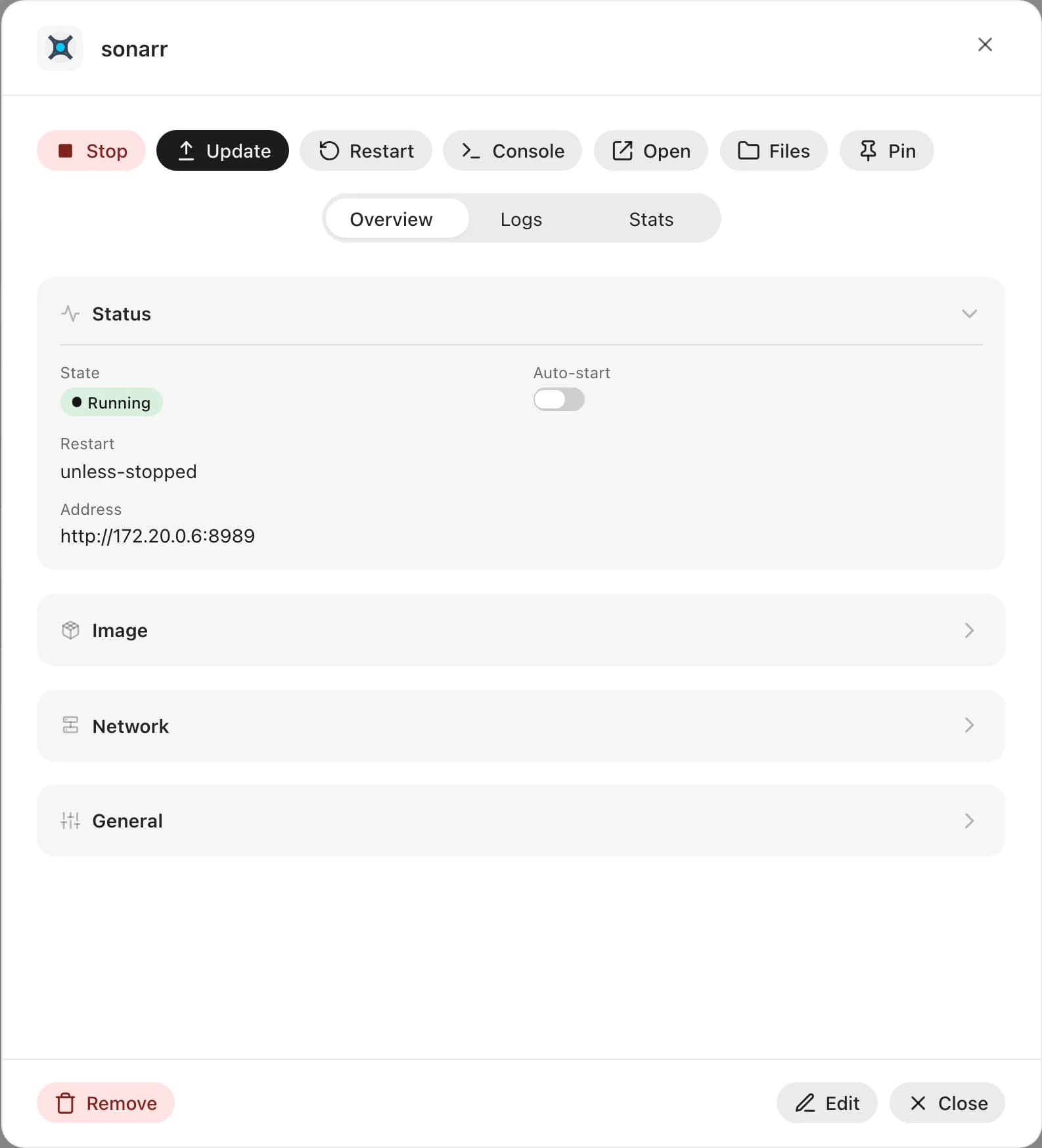 A container's detail panel on the Overview tab, with its toolbar and status