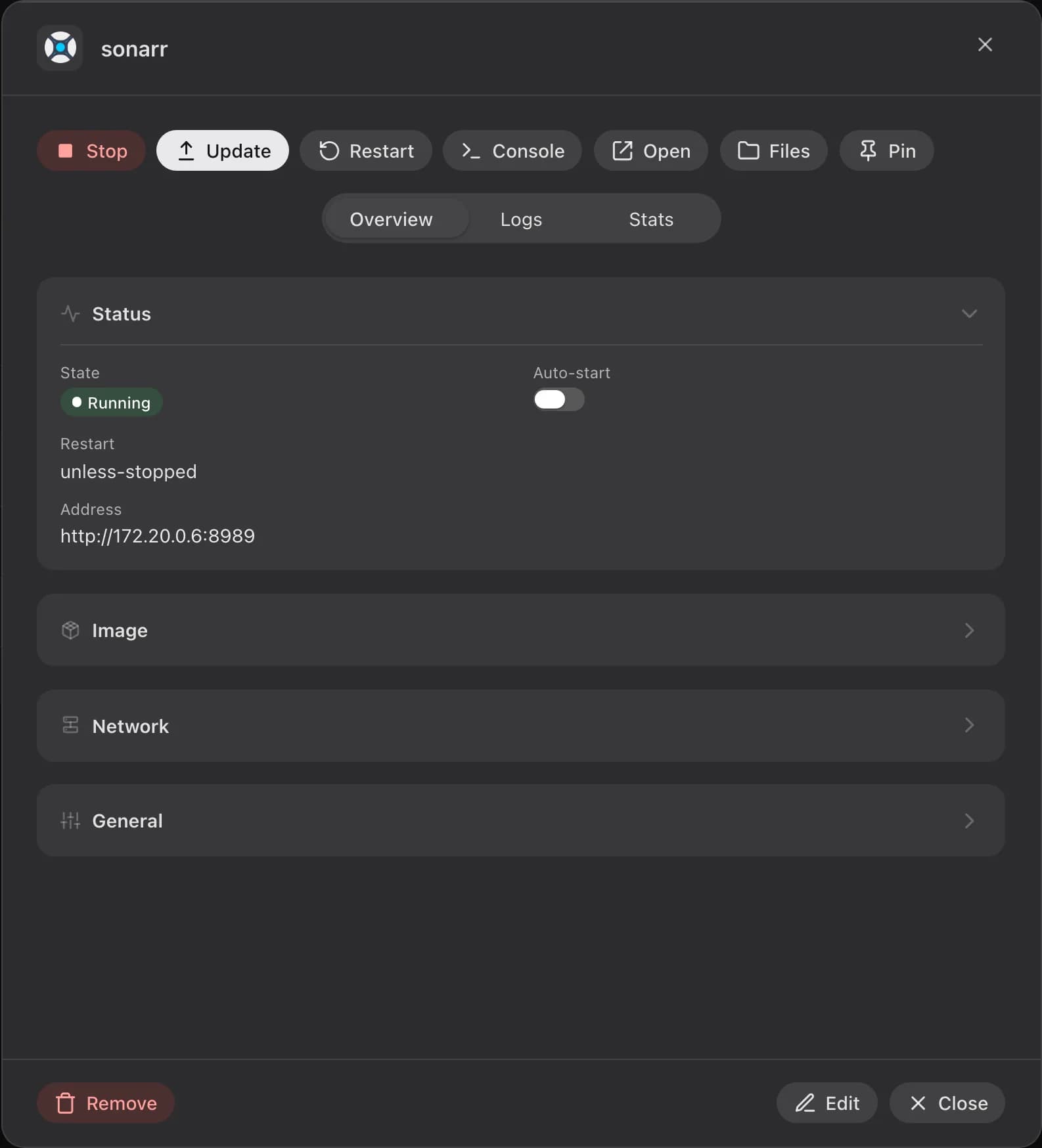 A container's detail panel on the Overview tab, with its toolbar and status