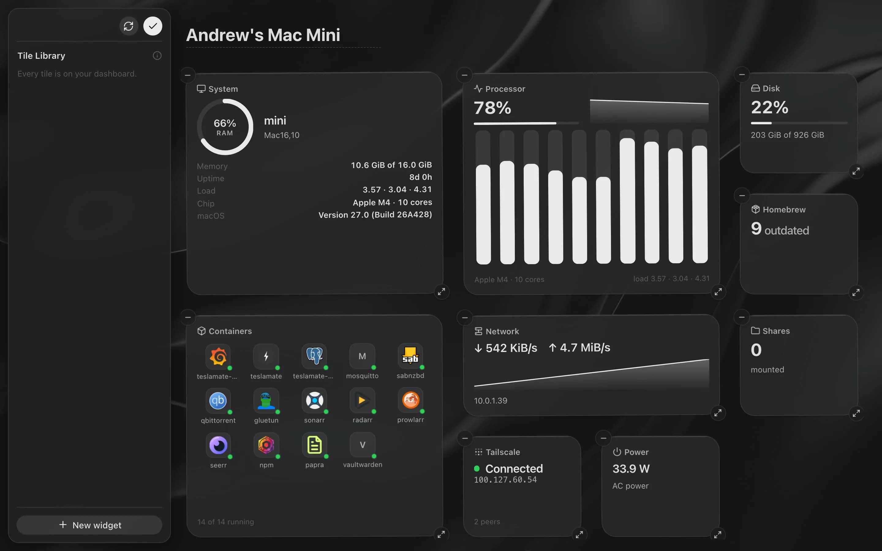 The dashboard in edit mode, with the Tile Library beside the board and resize badges on each tile