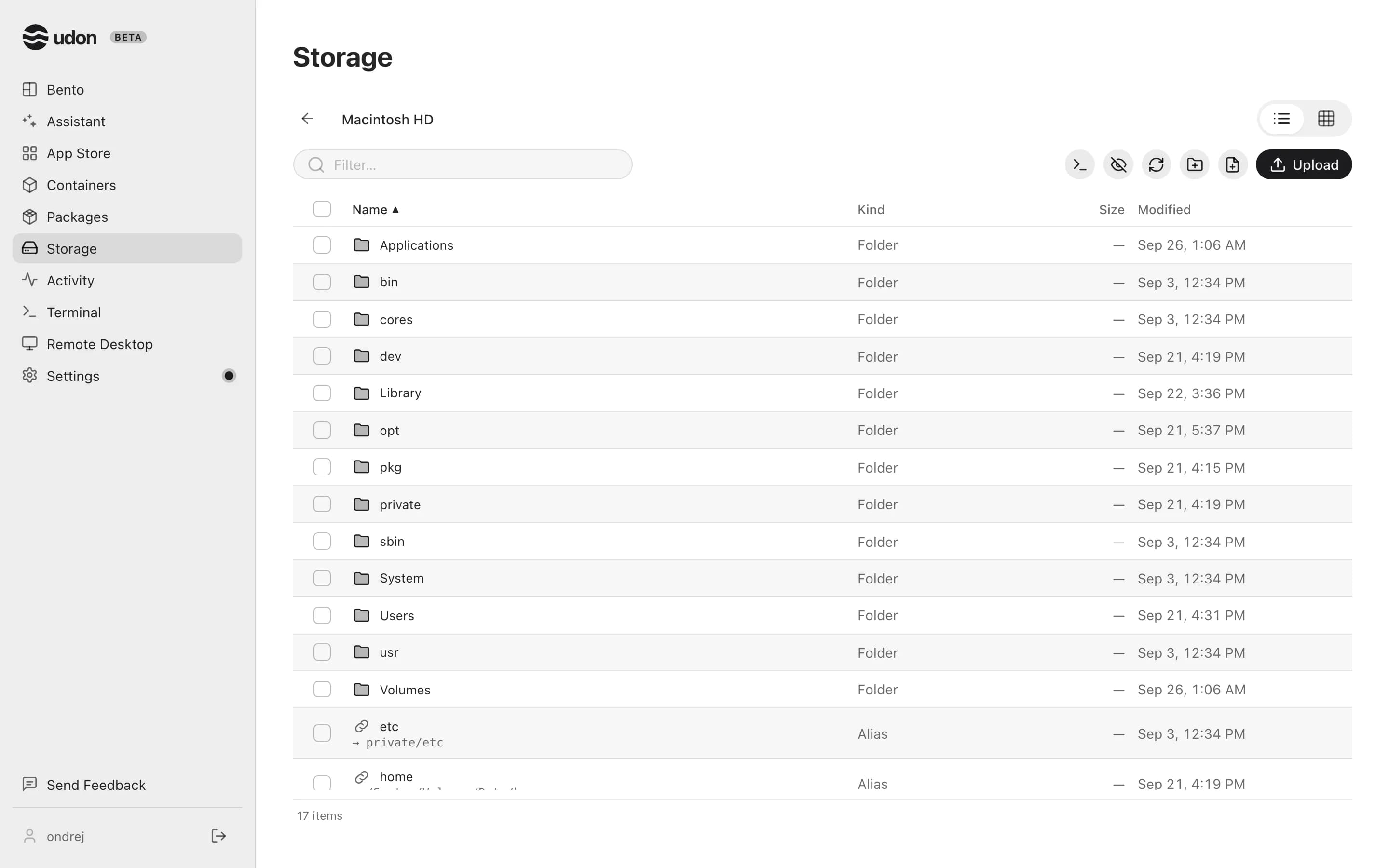 The file browser at the root of Macintosh HD in list view