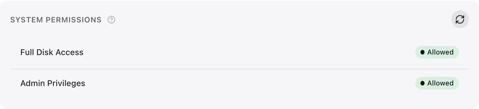 Settings, Health, showing Full Disk Access and Admin Privileges allowed