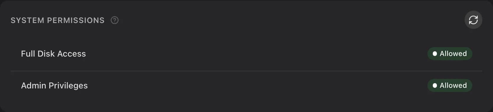 Settings, Health, showing Full Disk Access and Admin Privileges allowed