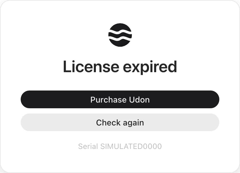 The lock screen for an expired license, with Purchase Udon and Check again