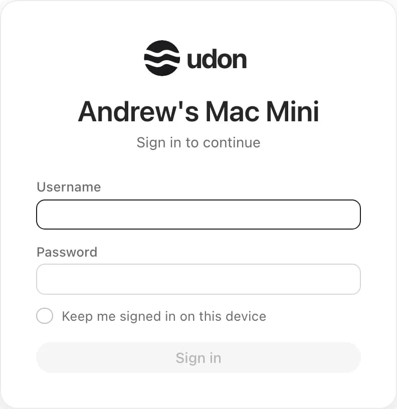 The Udon sign-in screen with username and password fields
