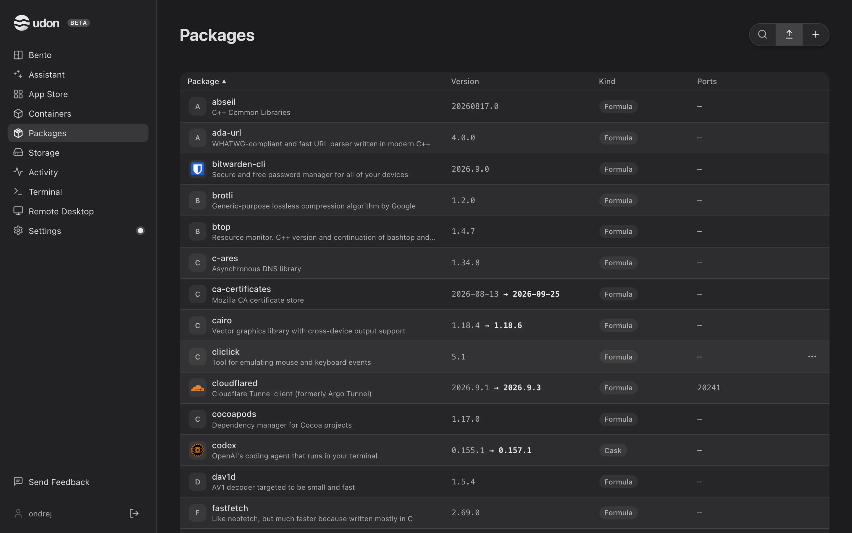 The Packages page listing installed Homebrew formulae with their versions