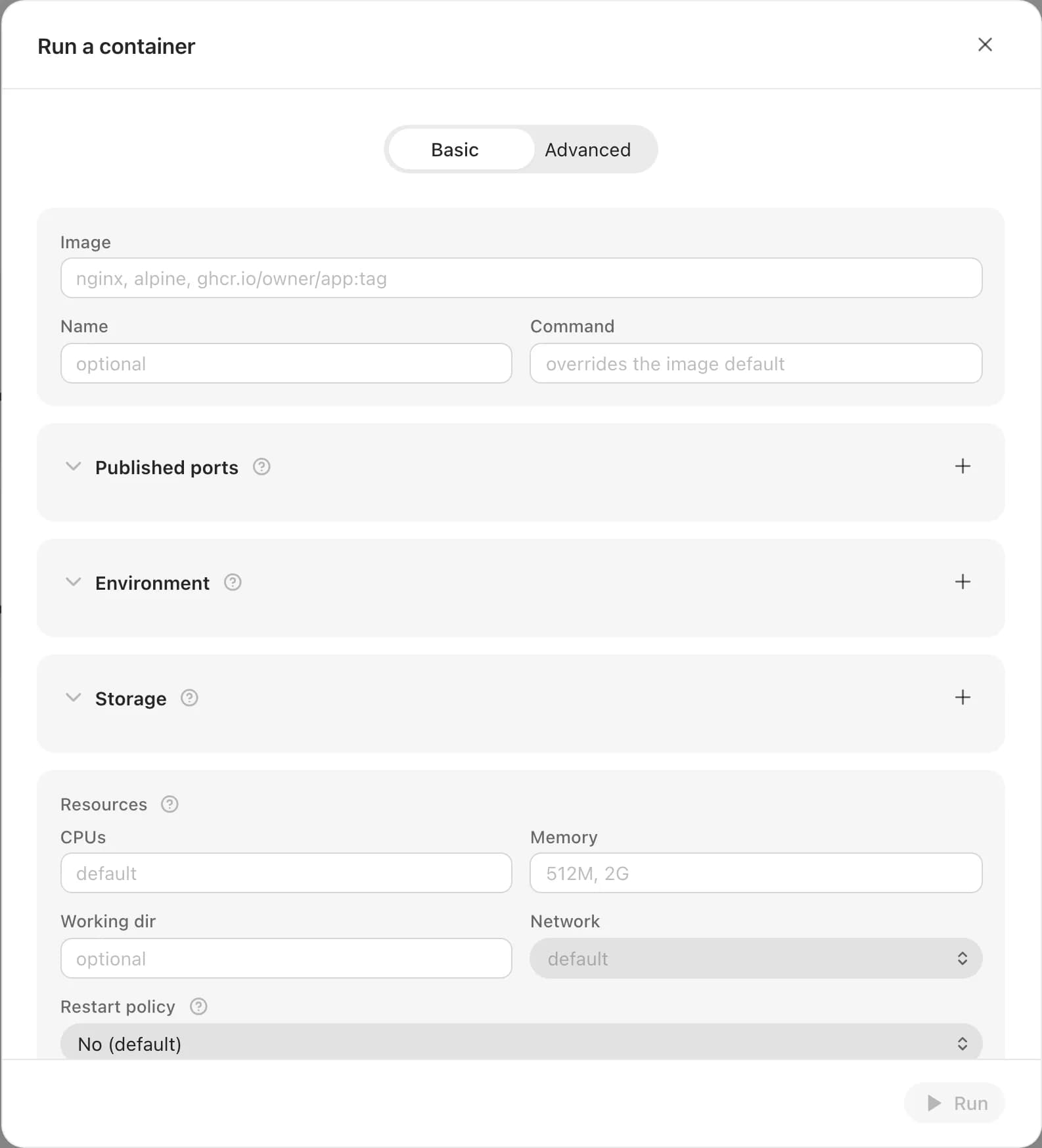 The Run a container dialog