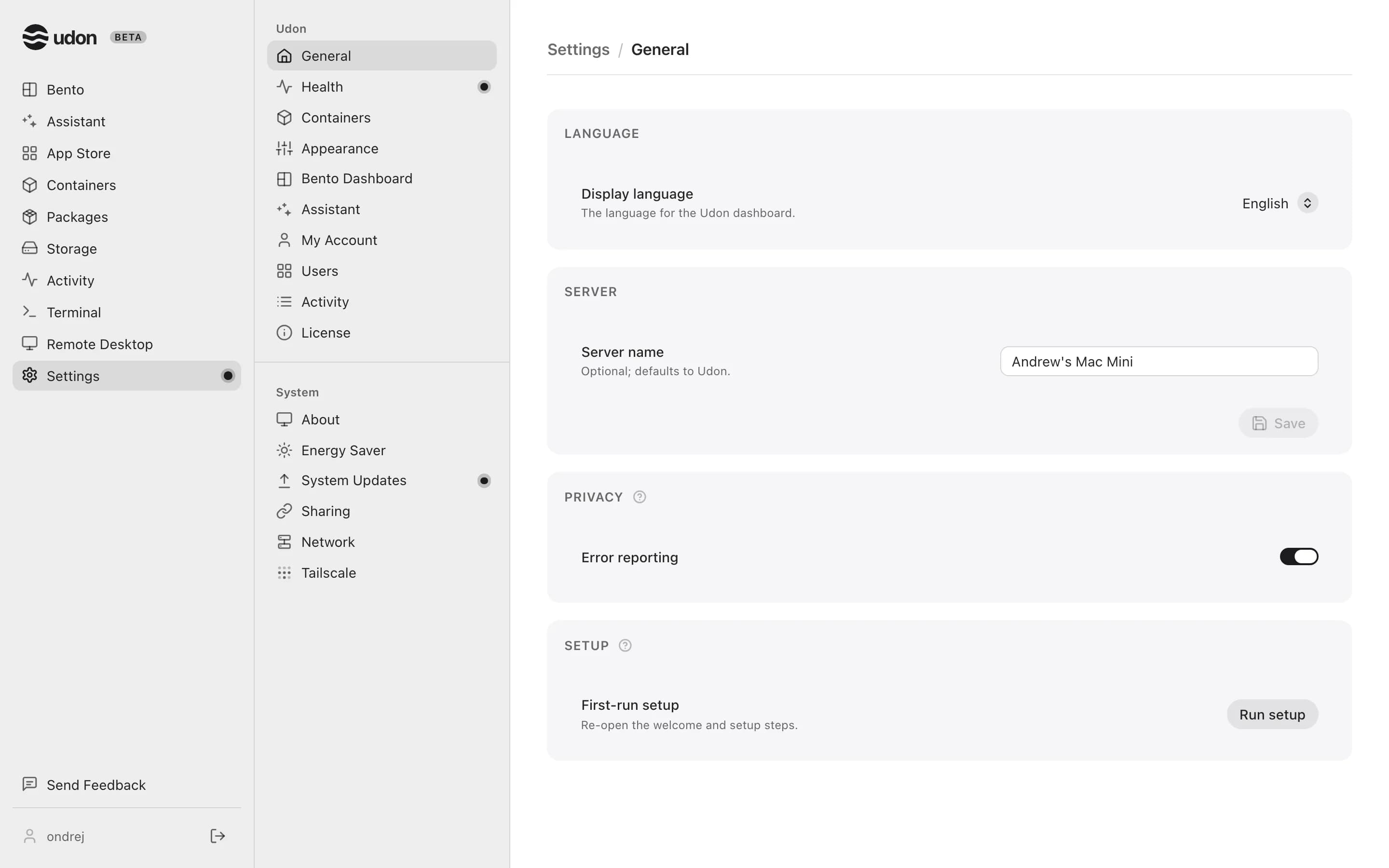Settings, General, with the Udon and System groups in the category column