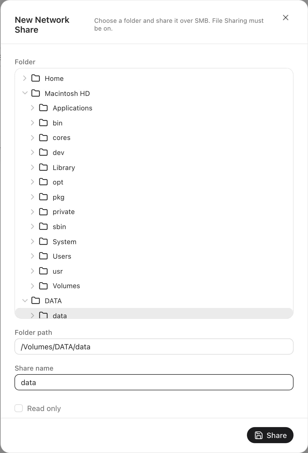 The New Network Share panel with a folder picked on a data volume