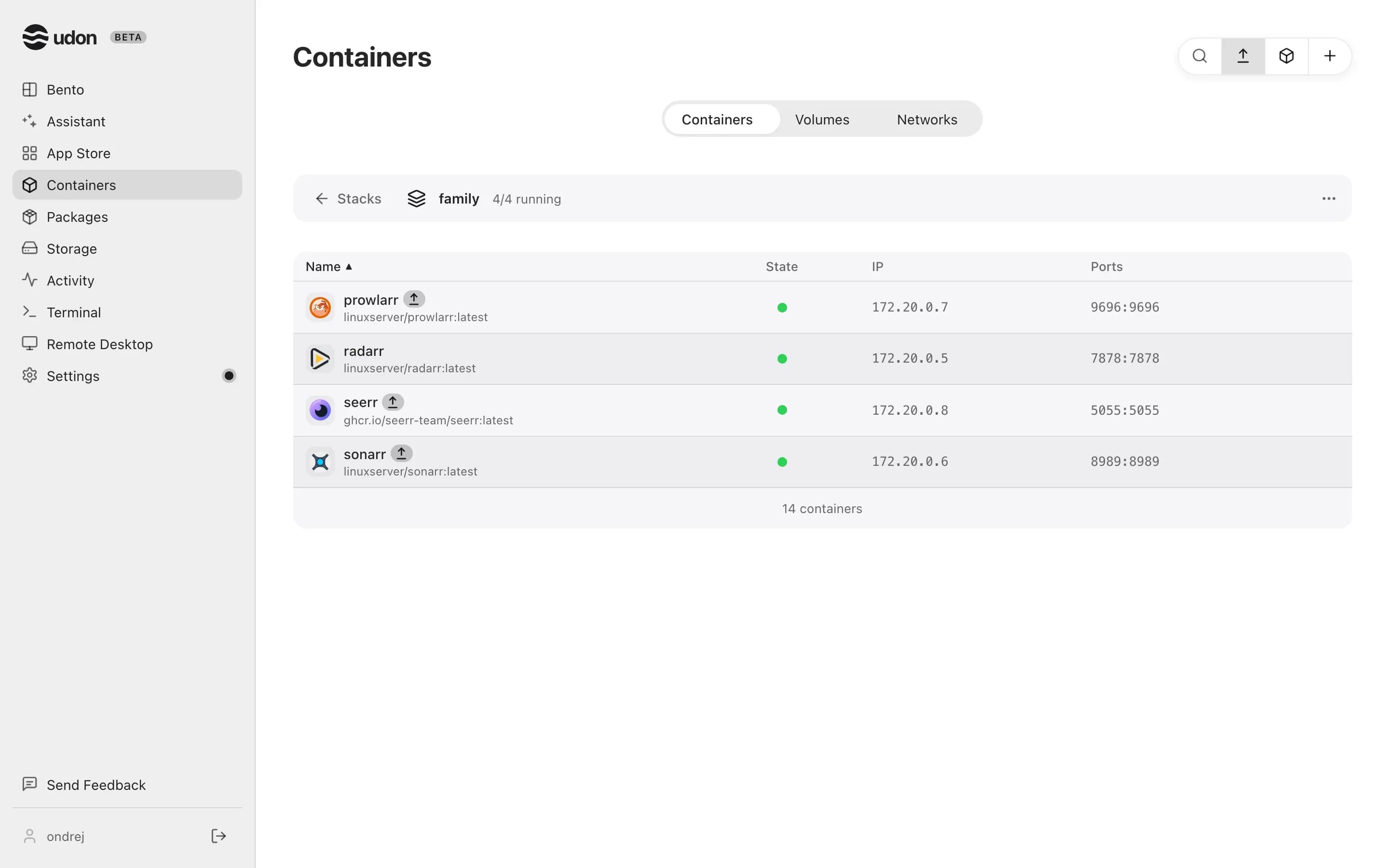 One stack opened on the Containers page, listing its members with their state, IP and ports