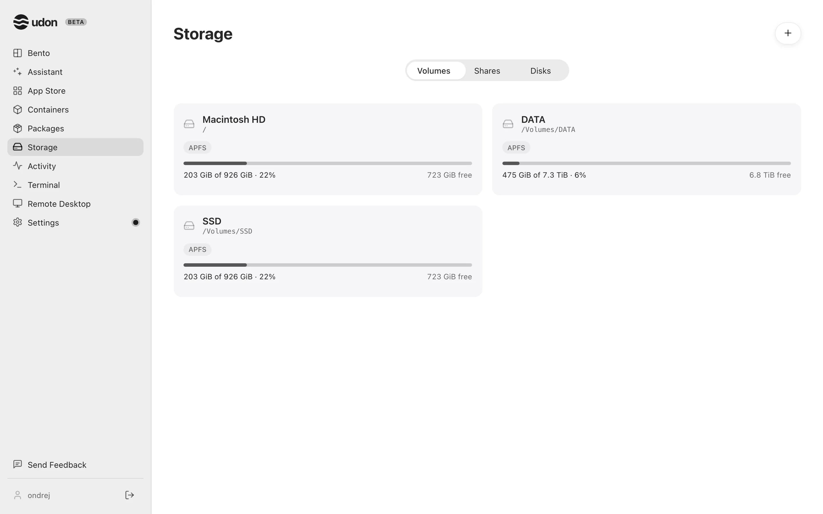 The Storage page's Volumes tab with three volume tiles and their usage
