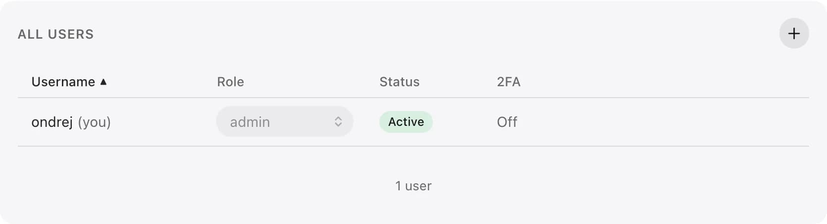 The Users card listing an admin account with its role, status and 2FA state