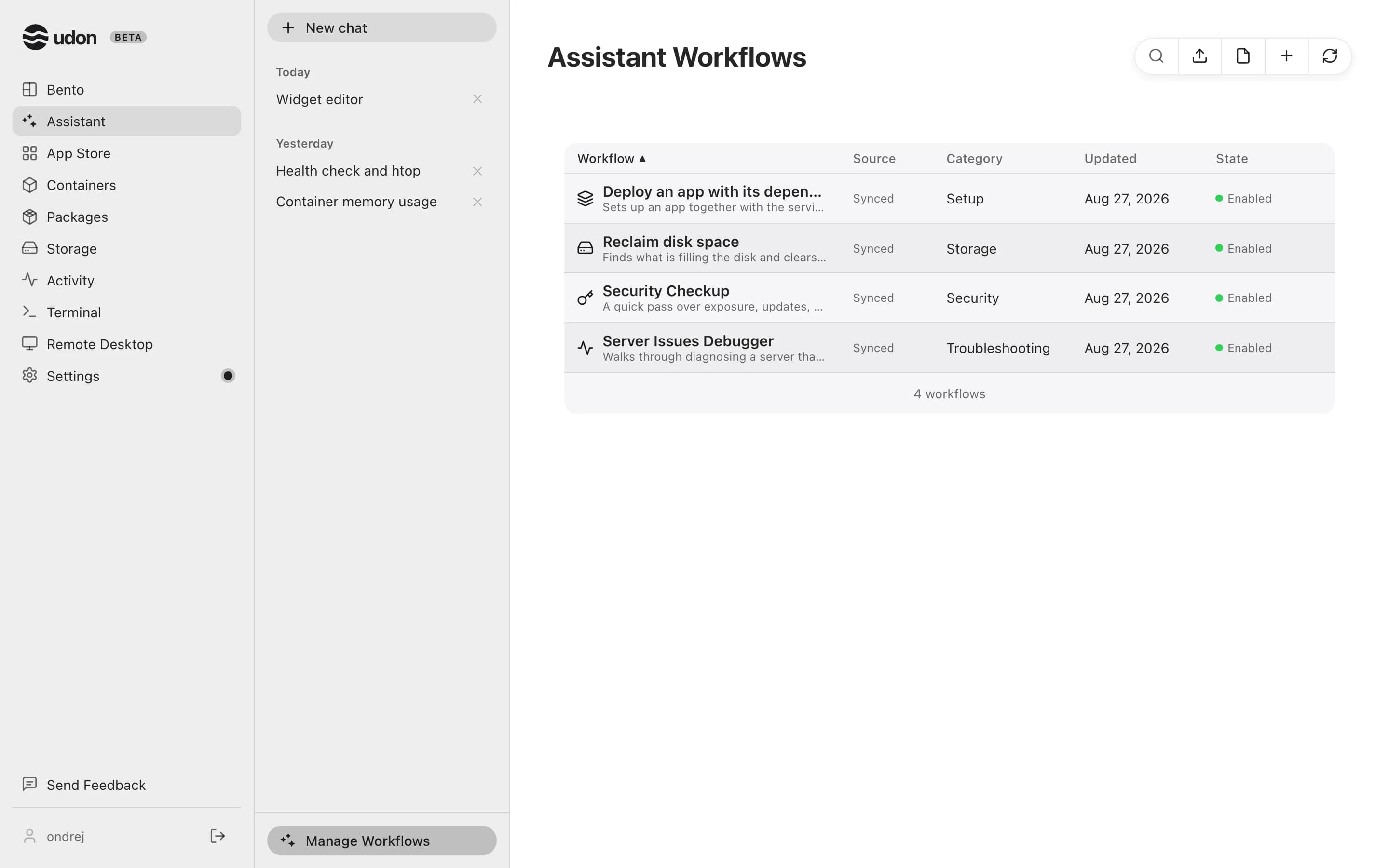 Assistant Workflows listing four synced workflows with their category, update date and state