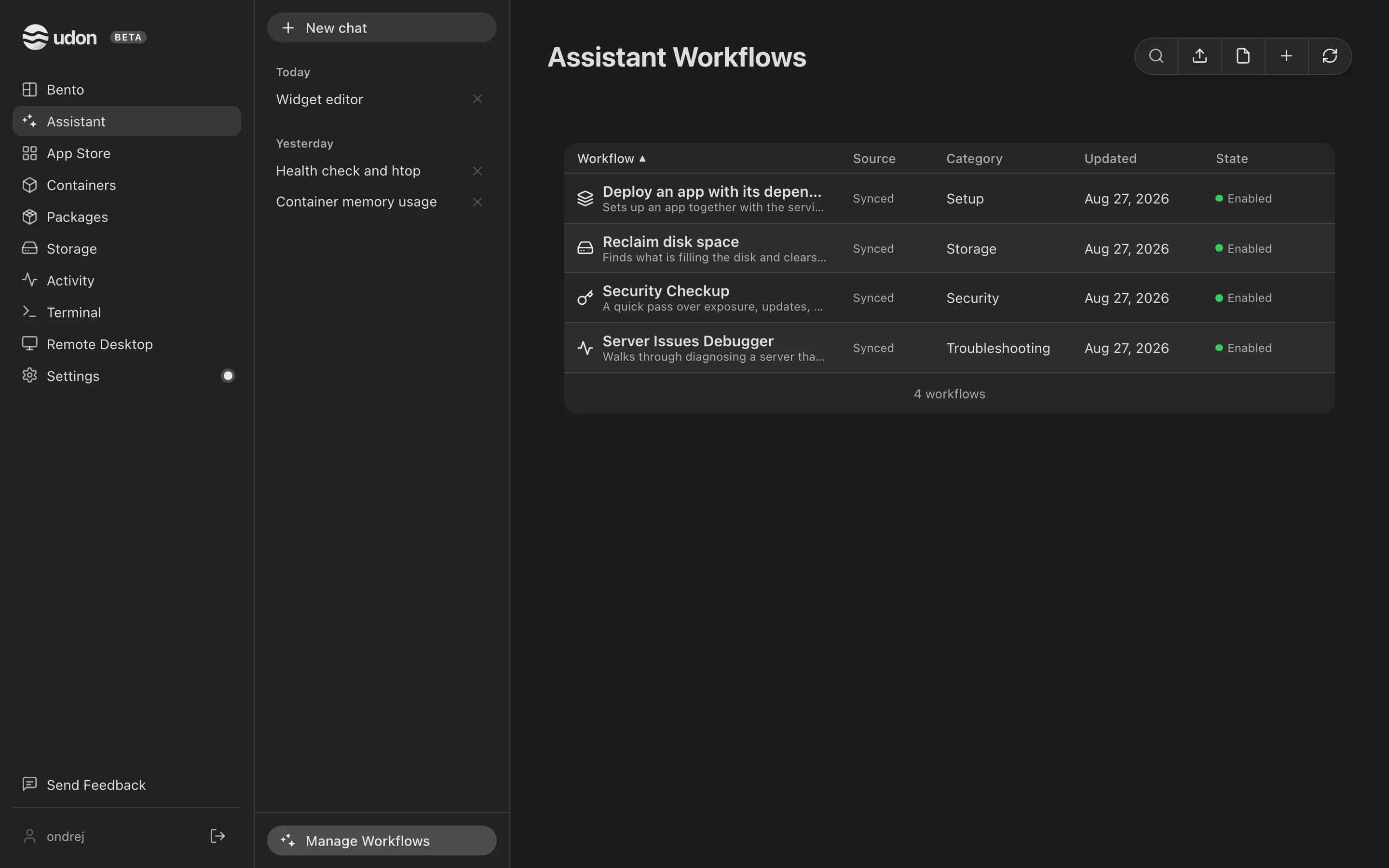 Assistant Workflows listing four synced workflows with their category, update date and state