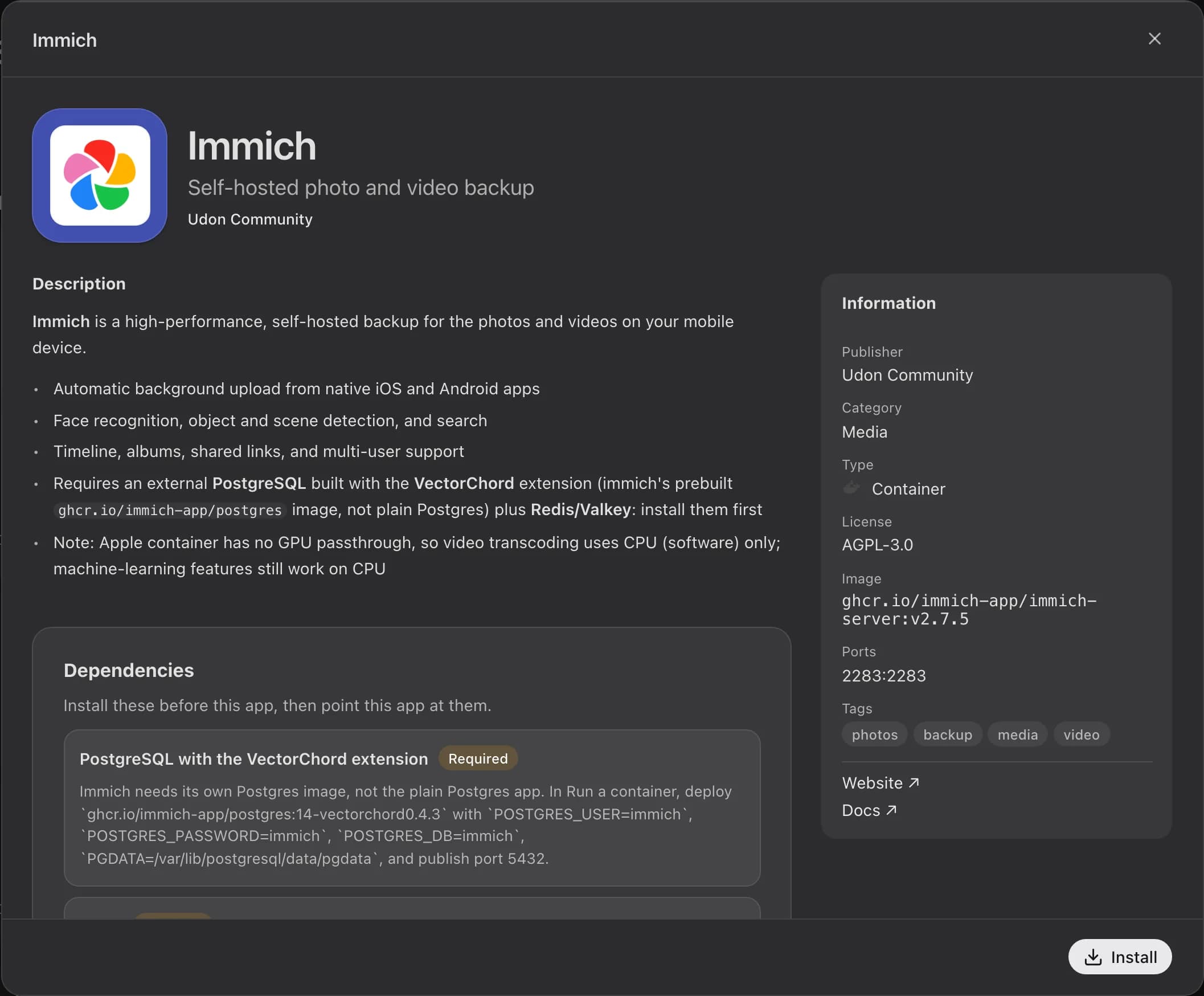 The Immich detail panel with its description, dependencies and information