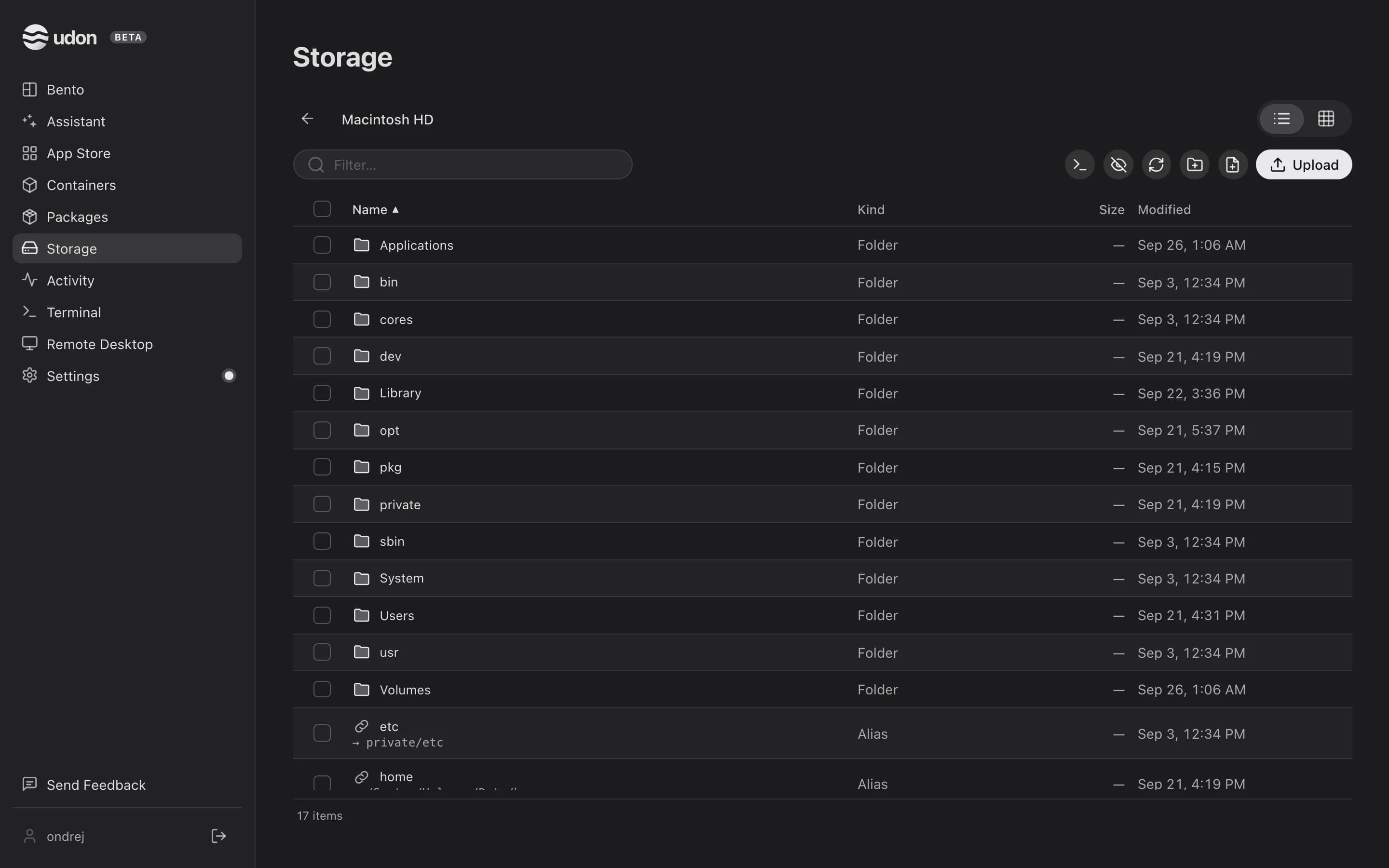 The file browser at the root of Macintosh HD in list view