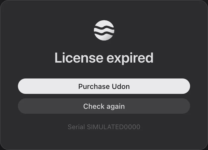 The lock screen for an expired license, with Purchase Udon and Check again