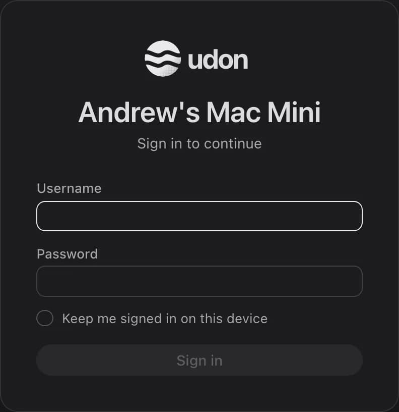 The Udon sign-in screen with username and password fields