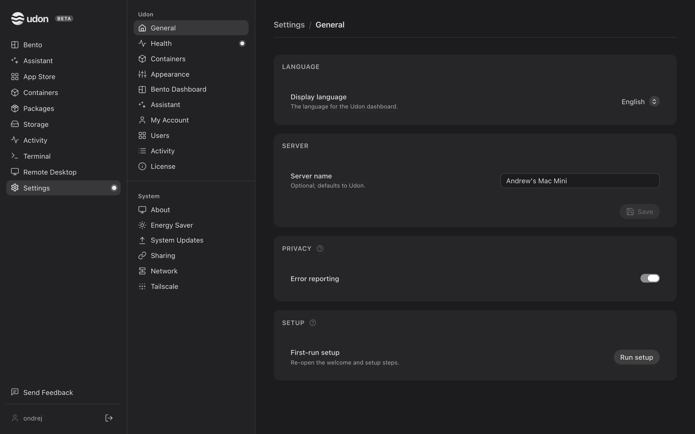 Settings, General, with the Udon and System groups in the category column
