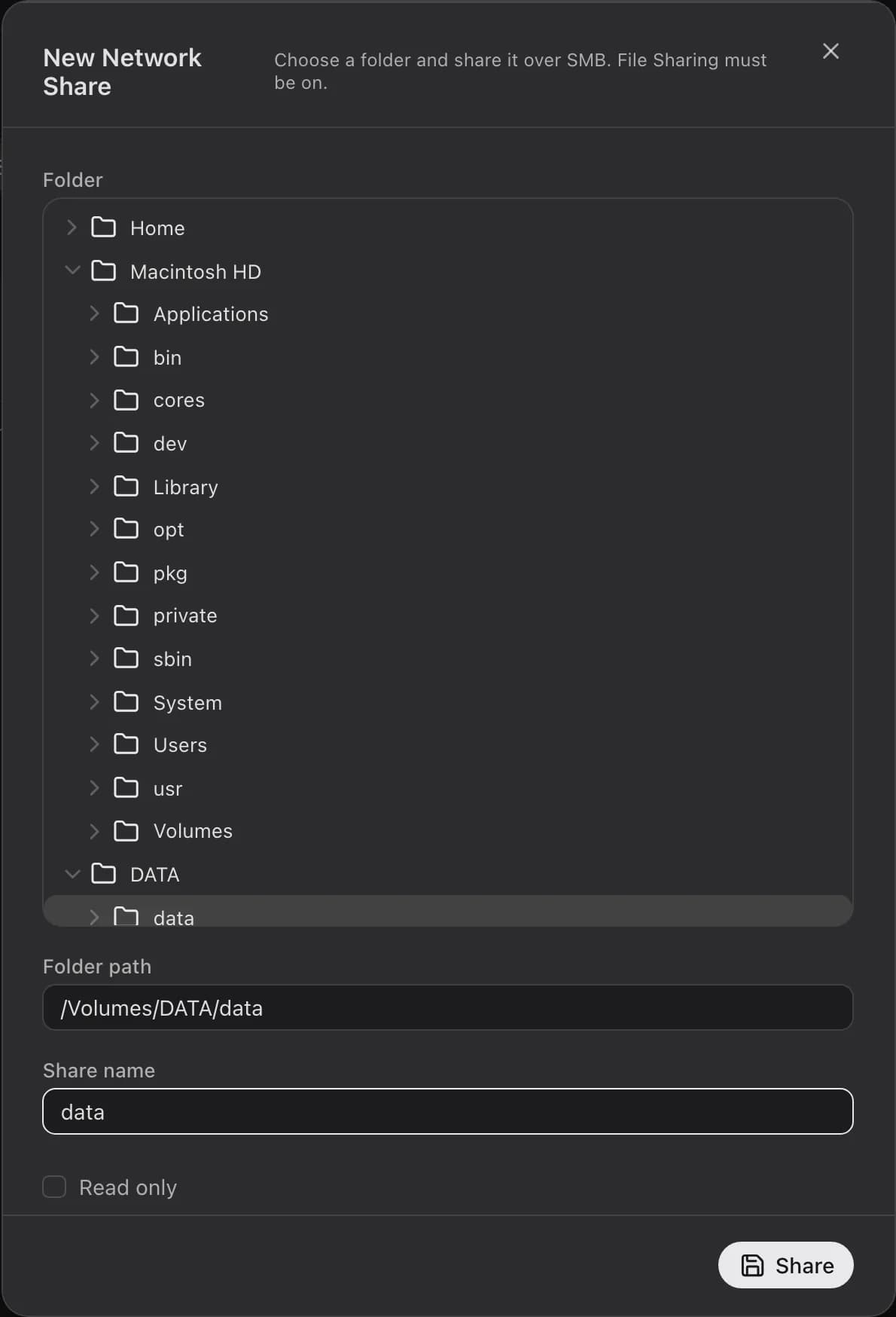 The New Network Share panel with a folder picked on a data volume