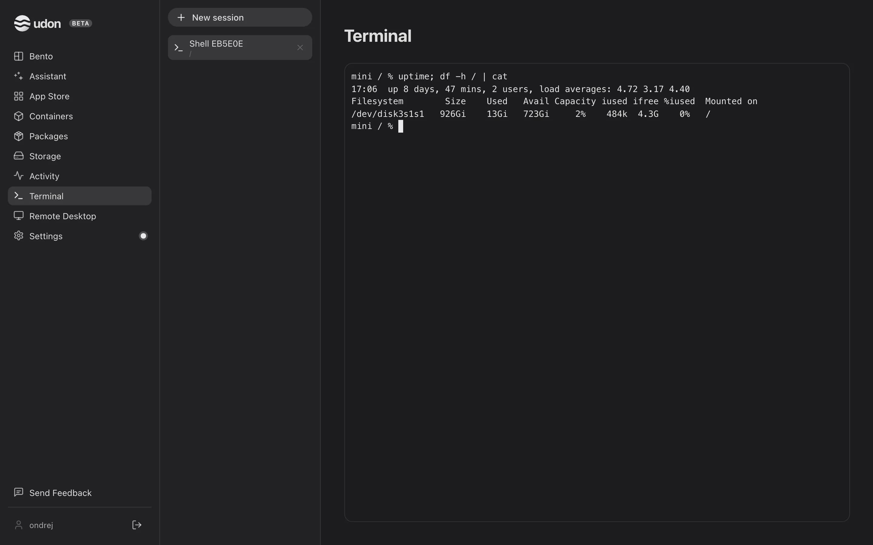 The Terminal page with one shell session running uptime and df