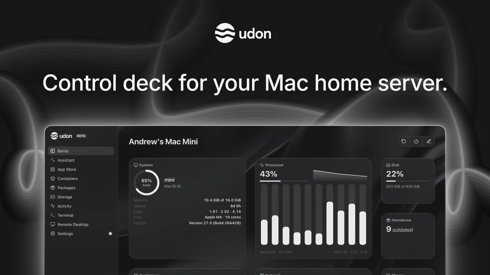 Control deck for your Mac home server, dark preview