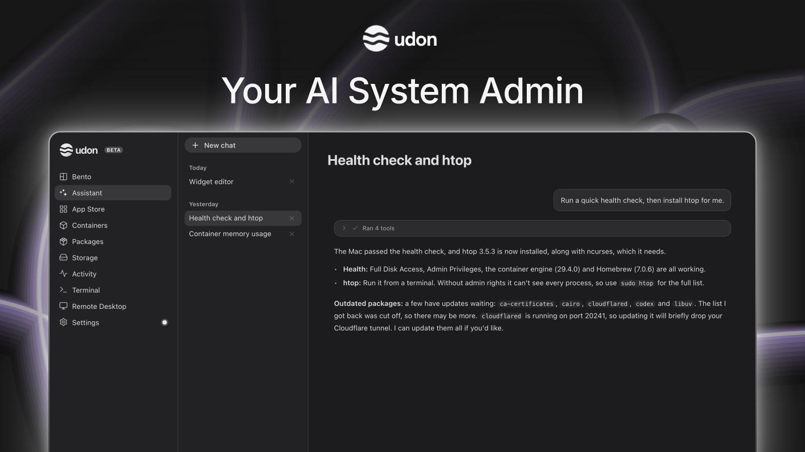 Your AI System Admin, dark preview